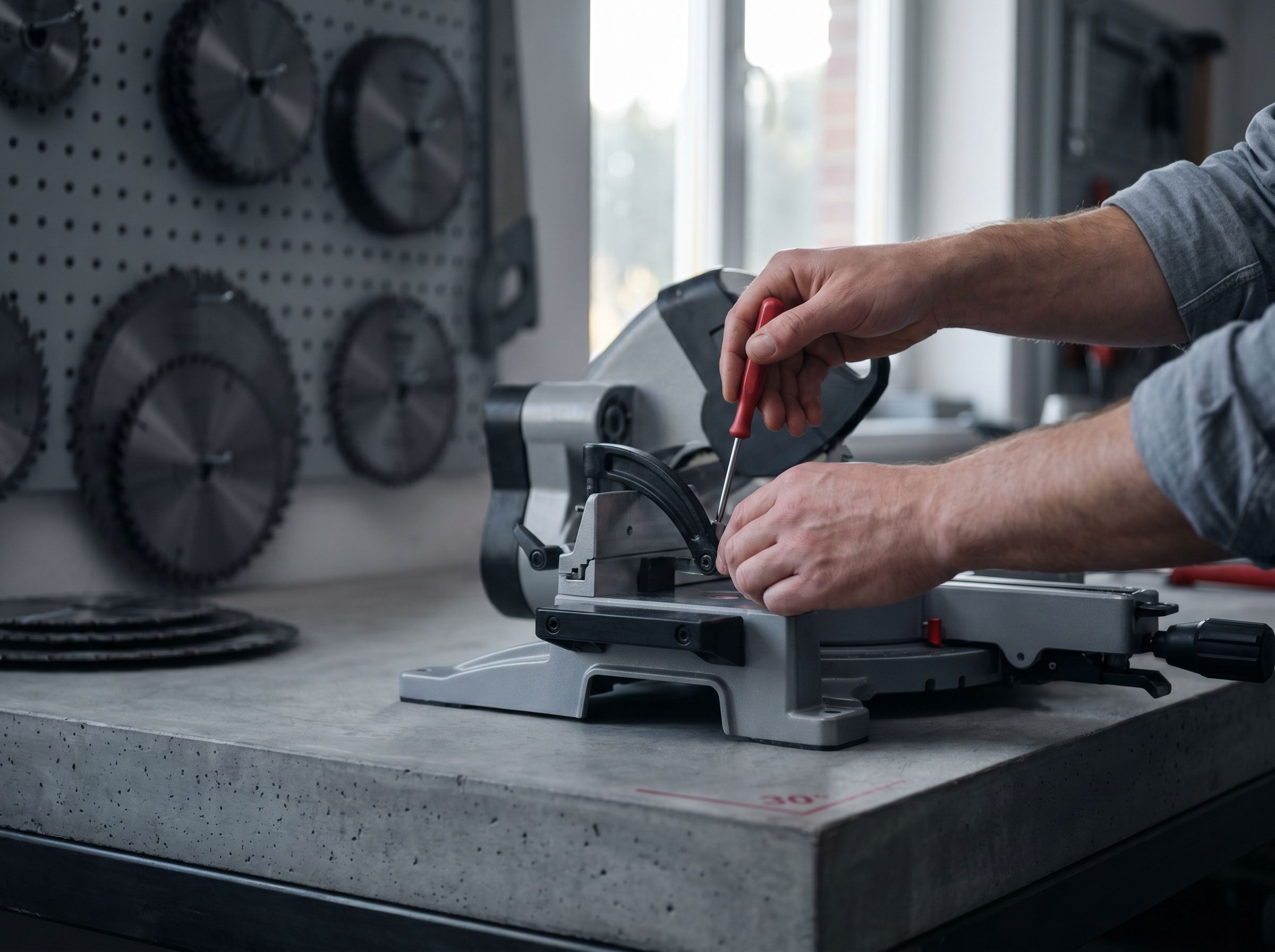 Établi d'atelier — outillage de précision et lames de scie circulaire